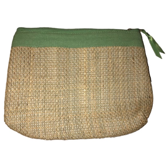 TAN WOVEN COSMETIC POUCH WITH GREEN TRIMMING - Picture 1 of 5